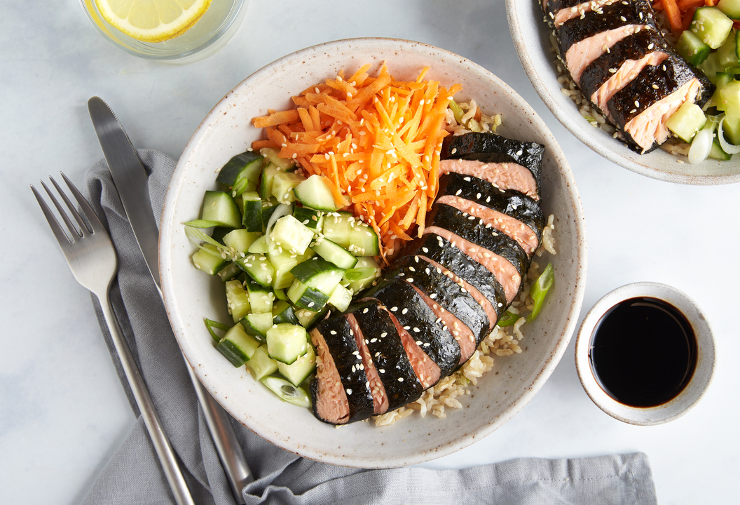 Healthy Fish recipe Nori wrapped salmon, ginger & spring onion rice