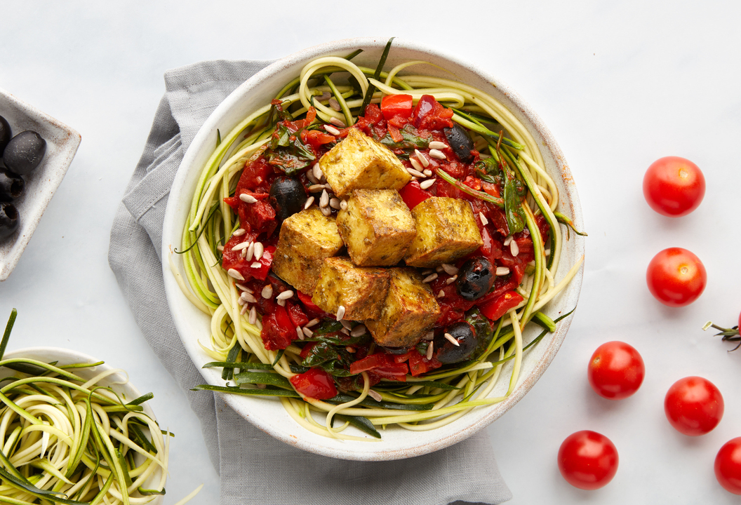 Healthy Vegan recipe Basil pesto tofu, courgetti & black olives