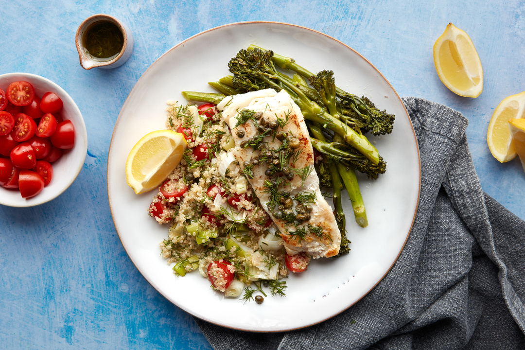 Healthy Fish recipe Panfried haddock, dill quinoa & capers