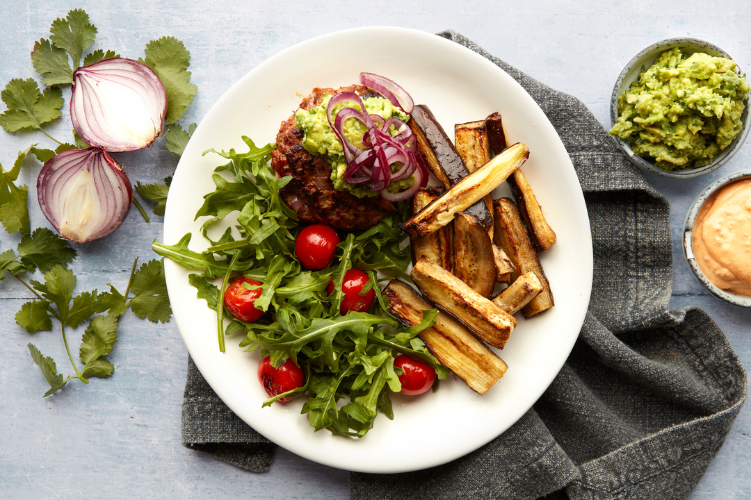 Healthy Beef recipe Harissa burger, avocado & aubergine fries