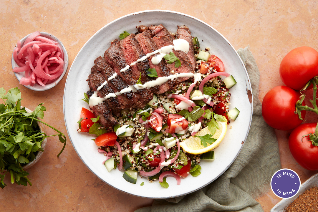 Healthy Beef recipe Shawarma steak, quinoa tabbouleh & tahini