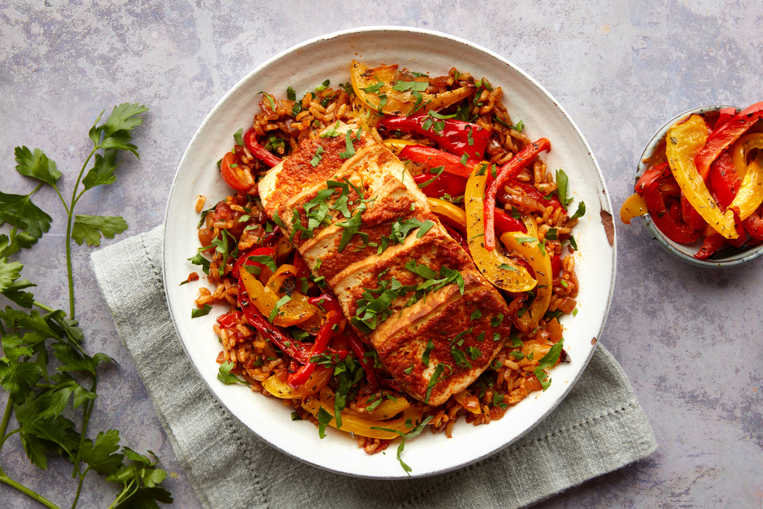 Healthy Vegan recipe Smoked tofu, Spanish rice & roasted peppers