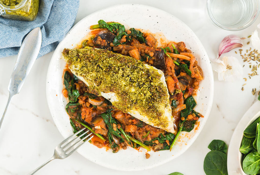 Healthy Fish recipe | Pesto crusted cod, aubergine & lentils