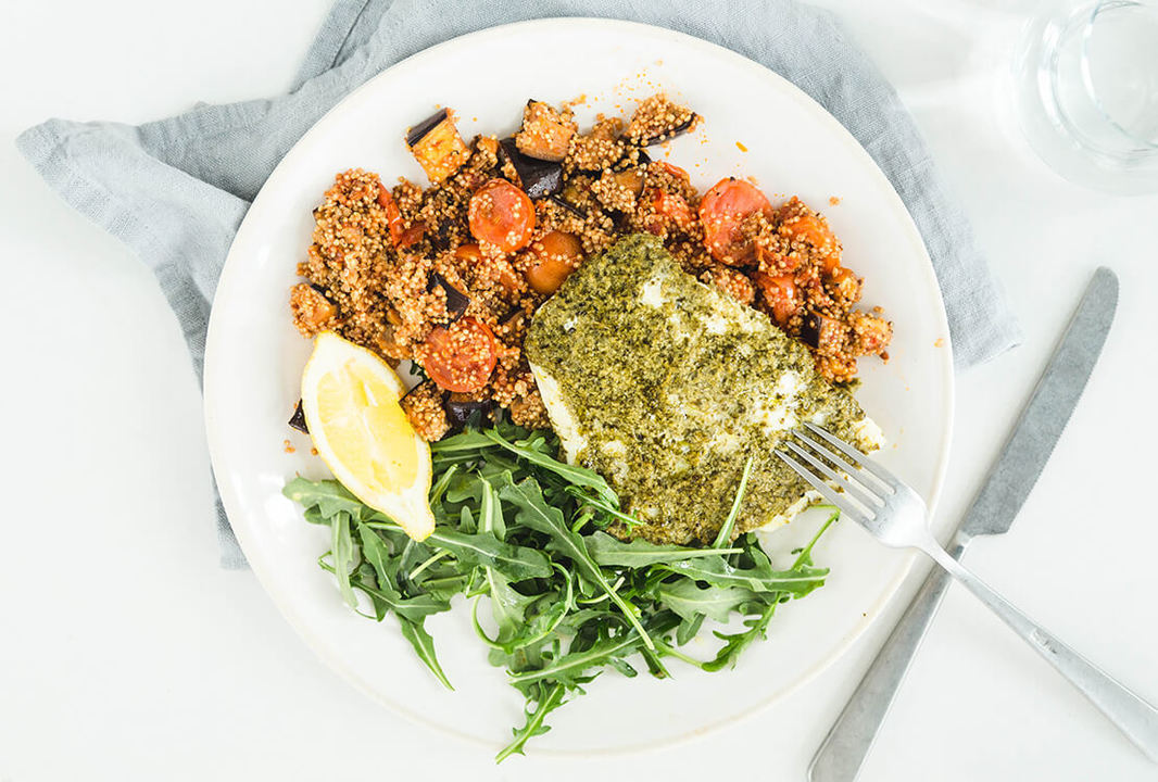 Healthy Fish recipe Basil pesto haddock & aubergine ratatouille
