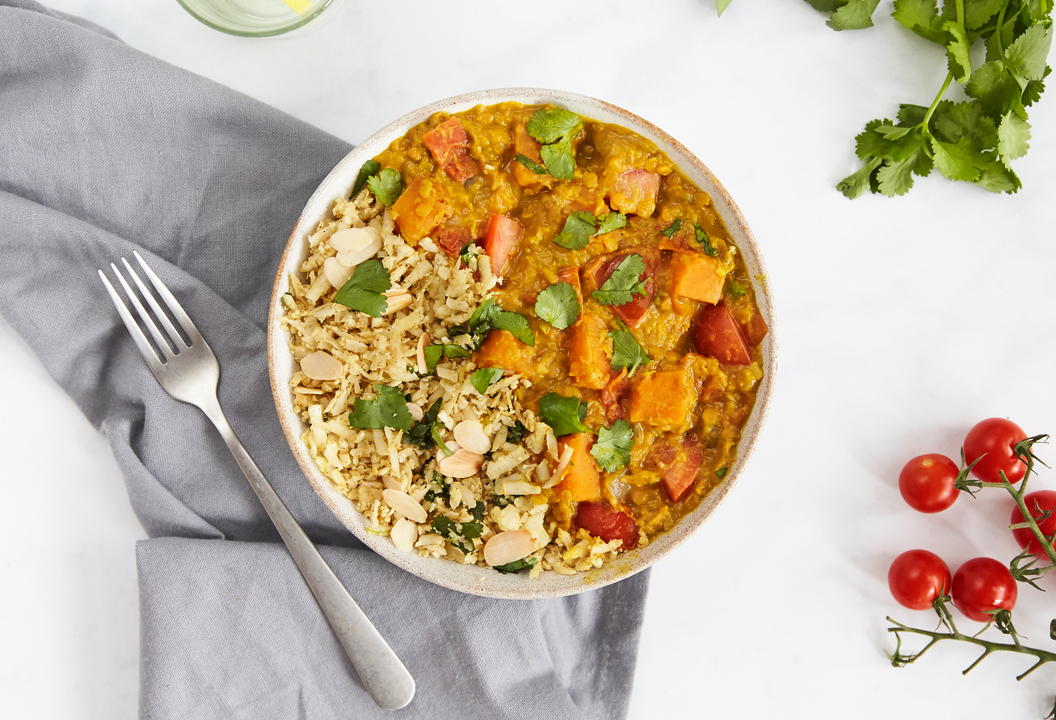 Healthy Vegan recipe Lentil & sweet potato dahl with cauli rice